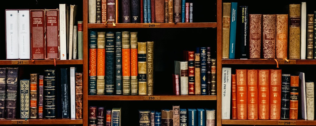 Shelves of leather-bound law reports in a library.